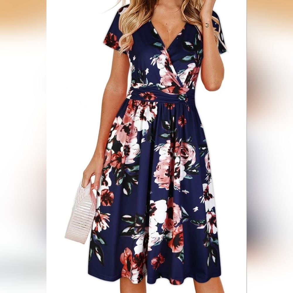 OUGES Navy Floral V-Neck Pullover Dress – Size Medium
